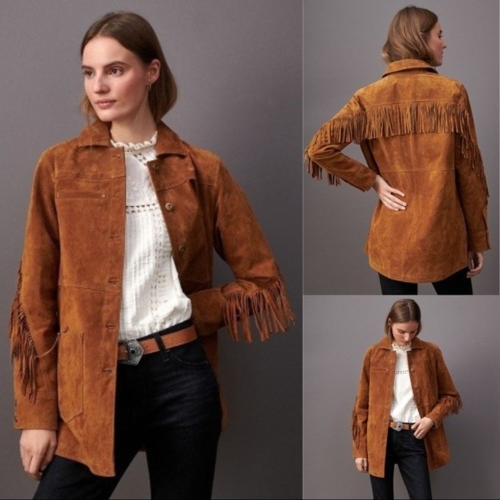 Anthropologie Pilcro | Danae Leather Western Fringe Suede Jacket Cedar Brown